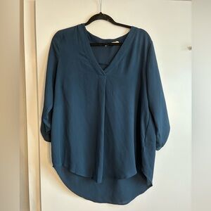 Lush Teal V-Neck Blouse Size Large High-Low Hem 3/4 Sleeve
